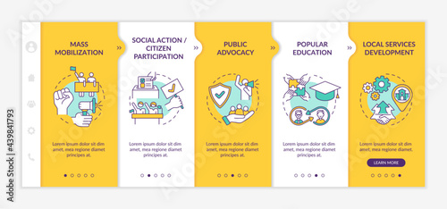 Social unit change strategies onboarding vector template. Responsive mobile website with icons. Web page walkthrough 5 step screens. Mass mobilization color concept with linear illustrations