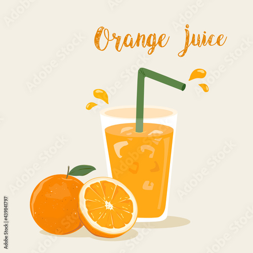 Orange juice in a glass with green straw isolated on white background. Slice of citrus orange with green leaves. 