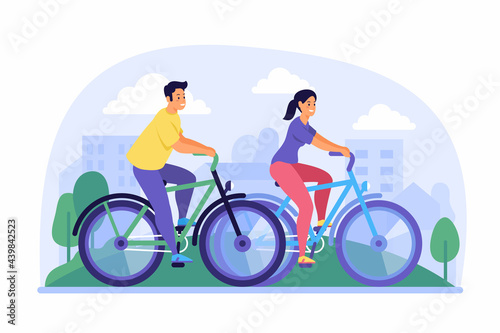Cycling around city. Couple having fun on their bicycles in green park. Summer sports activities with outdoor fitness. Trips through forest and hiking trails. Vector flat illustration