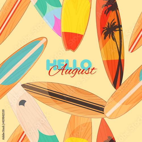 Different surfboard seamless pattern. Summer banner template with colorful surfboards. Vector illustration in trendy flat style.