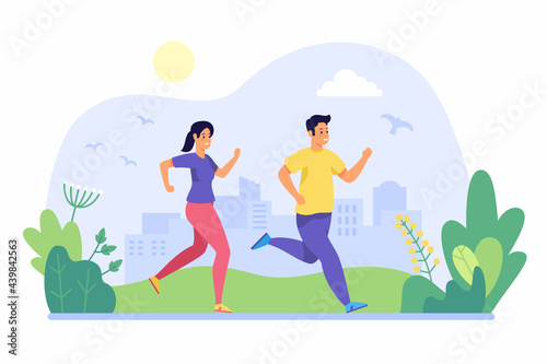 People jogging in morning. Young man and woman run through city park. Active wellness cardio fitness in fresh summer air. Happy warm time for sports training. Vector flat illustration