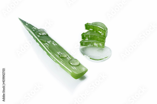 Aloe vera leaf and gel isolated on white background. Frontal view.