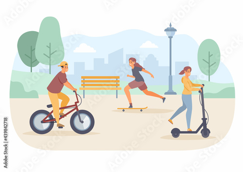 People ride in park. Guy in baseball cap rides bicycle. Teenage girls have fun riding scooter and skateboard. Summer outdoor sports activities. Active fun and health. Vector flat illustration