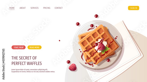 Belgian waffles with berries on the plate. Healthy eating, nutrition, cooking, breakfast menu, fresh food, dessert, recipes, pastry concept. Vector illustration for banner, website, poster, menu.