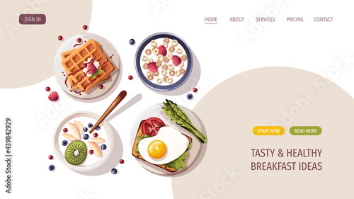 Toast with scrambled egg, yogurt with fruits, waffles, corn rings. Healthy eating, nutrition, cooking, breakfast menu, fresh food concept. Vector illustration for banner, website, poster.