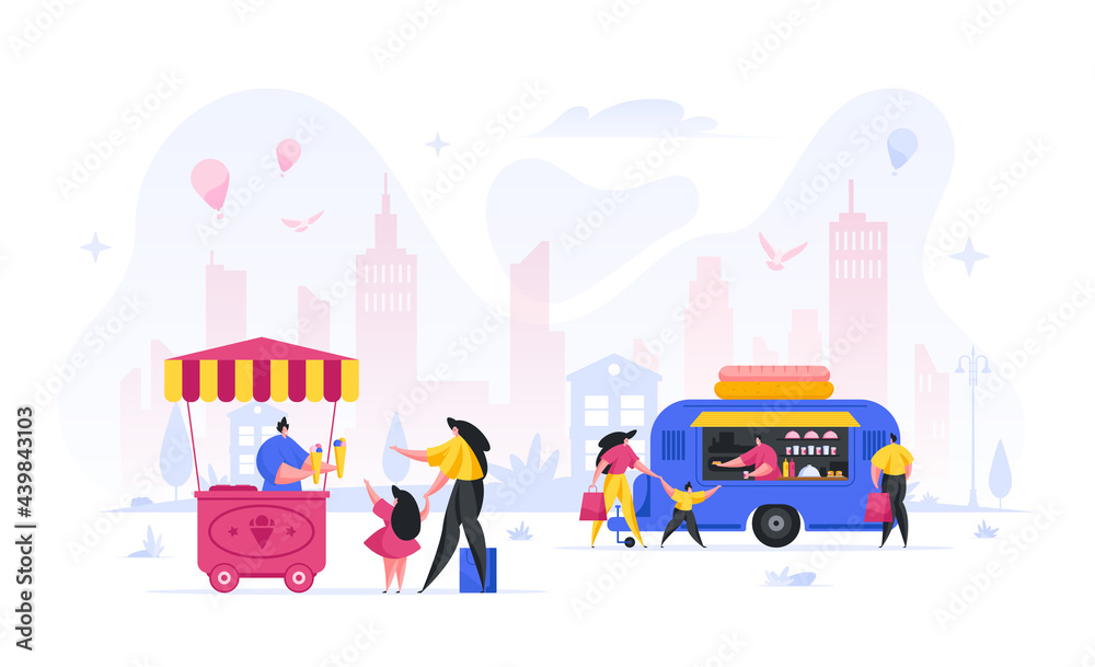 People buying food street fair vector concept. Woman and child order cone colored ice cream from seller. Family buys freshly baked fast food from blue kiosk on wheels. Man reads menu of flat snacks.