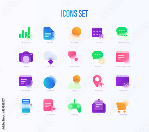 Icons set in glassmorphism style. Statistics, Calendar, Weather, Camera, Feedback, Social Media, Download, Internet Marketing, Wi-Fi Zone. Vector illustration.