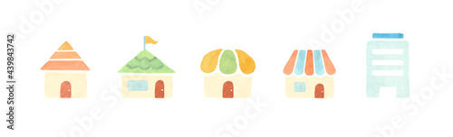 水彩の家のイラストセット　アイコン　建物　ビル　お店　ショップ　一軒家　かわいい　住居　住宅