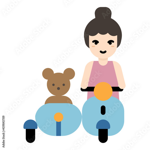 A woman riding motorcycle with a teddy bear on the sidecar