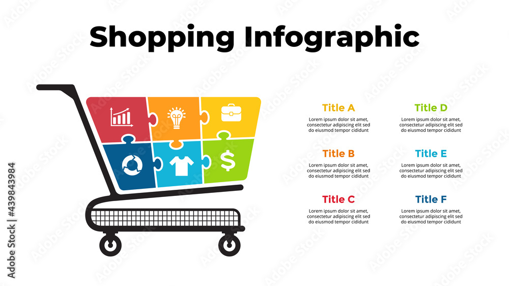 Shopping puzzle cart. Infographic presentation. 6 options chart. Store retail advertising banner. E-commerce concept. Digital market. Shopping puzzle cart. Infographic presentation. 6 options chart. Store retail advertising banner. E-commerce concept. Digital market.