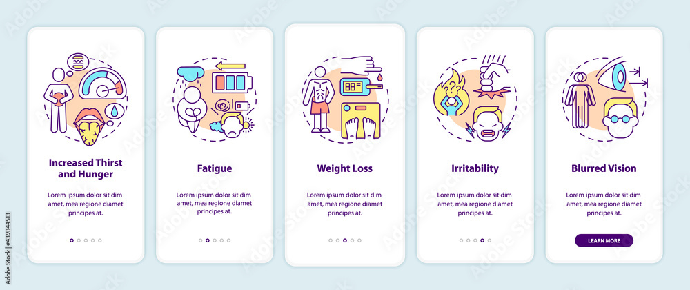 Diabetes symptoms onboarding mobile app page screen. Increased thirst and hunger walkthrough 5 steps graphic instructions with concepts. UI, UX, GUI vector template with linear color illustrations