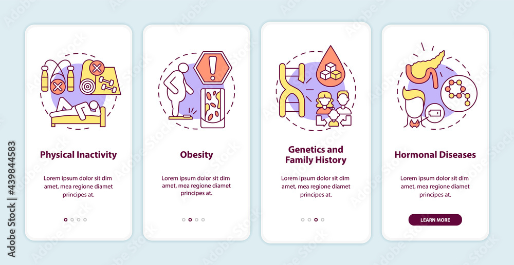 Diabetes causes onboarding mobile app page screen. Human obesity walkthrough 4 steps graphic instructions with concepts. UI, UX, GUI vector template with linear color illustrations