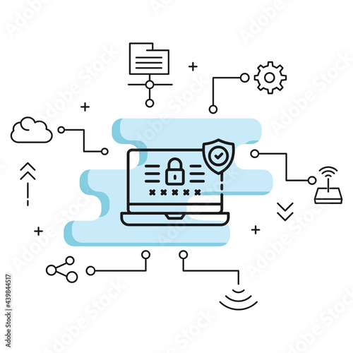 Login Screen Interface Concept, Password protected control panel vector Icon design, Padlock with Security shield Sign, Cloud computing and Internet hosting services Symbol on White background