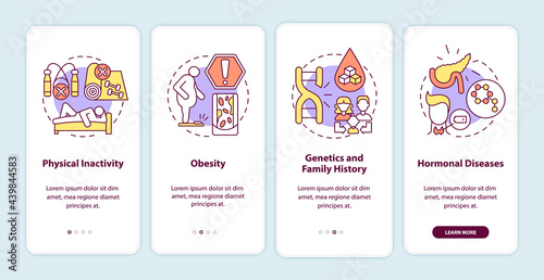 Diabetes causes onboarding mobile app page screen. Human obesity walkthrough 4 steps graphic instructions with concepts. UI, UX, GUI vector template with linear color illustrations