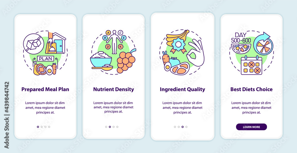 Meal delivery for diabetics onboarding mobile app page screen. Nutrients walkthrough 4 steps graphic instructions with concepts. UI, UX, GUI vector template with linear color illustrations