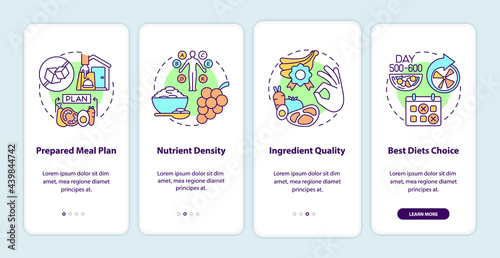 Meal delivery for diabetics onboarding mobile app page screen. Nutrients walkthrough 4 steps graphic instructions with concepts. UI, UX, GUI vector template with linear color illustrations