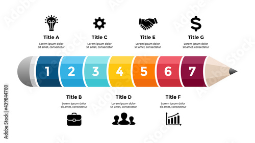 Pencil infographic. Educational 3D concept. Seven options diagram. Vector slide template. Creative colorful illustration. 