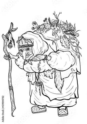 Fairytale swamp sorceress with mushrooms and plants, the old woman with a glade on the hump, with a leaves and grass, with a sleeping cat in flowers, in a dress with a magic lamp and a walking stick.