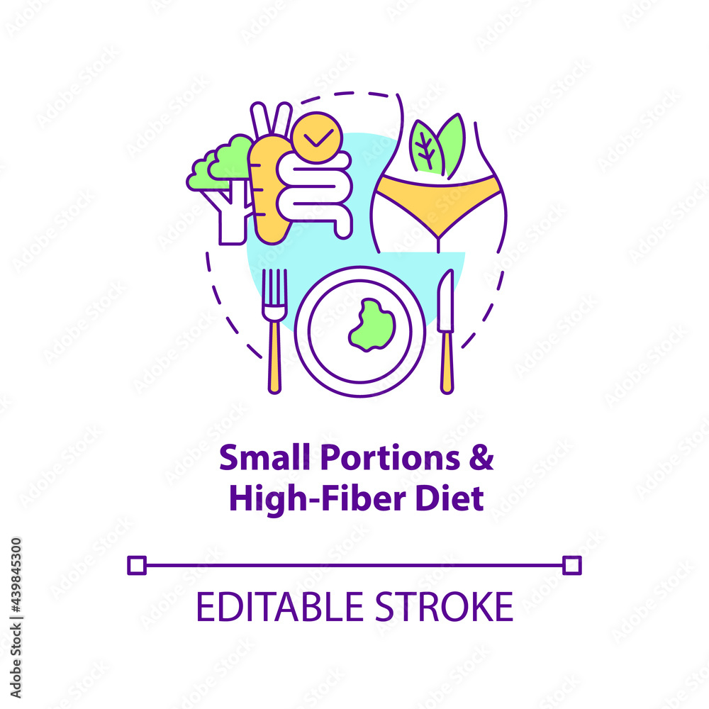 Small portions and high fiber diet concept icon. Eating in small amounts. Healthy diet for diabetes abstract idea thin line illustration. Vector isolated outline color drawing. Editable stroke