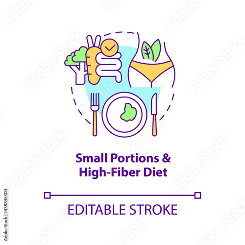 Small portions and high fiber diet concept icon. Eating in small amounts. Healthy diet for diabetes abstract idea thin line illustration. Vector isolated outline color drawing. Editable stroke