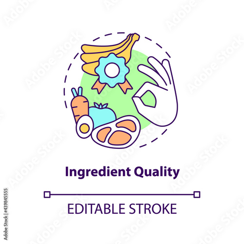 Ingredient quality concept icon. Organic foods eating. Preparing meal from natural food. Healthy life abstract idea thin line illustration. Vector isolated outline color drawing. Editable stroke