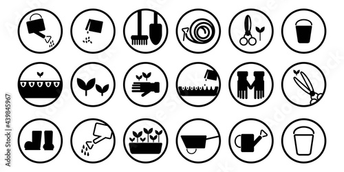 Vector icons in round frames depicting gardening tools, plants and grown greens. Illustration set of pictograms for vegetable grower and gardener.