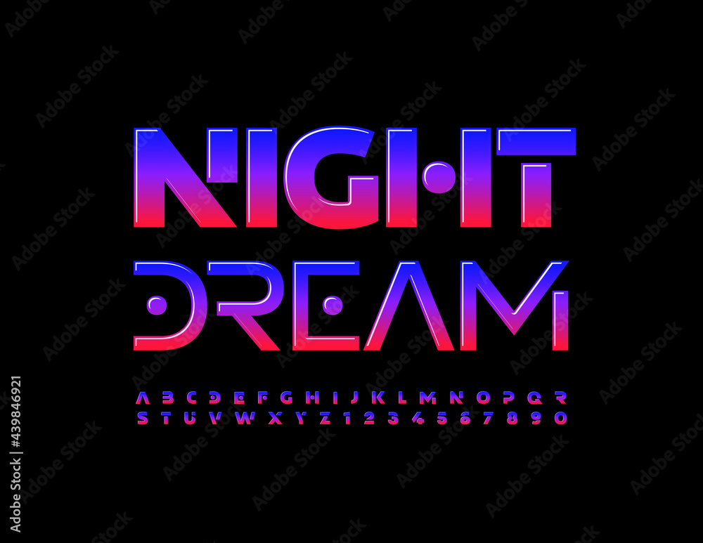 Vector creative concept Night Dream. Bright glossy Font. Abstract Alphabet Letters and Numbers set