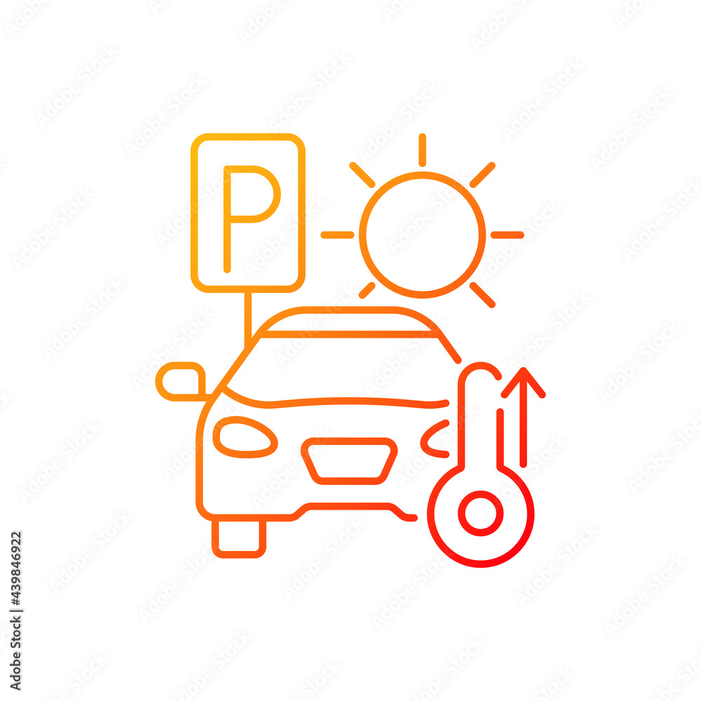 Not staying in parked car gradient linear vector icon. High temperature in automobile on parking in summer. Thin line color symbols. Modern style pictogram. Vector isolated outline drawing Not staying in parked car gradient linear vector icon. High temperature in automobile on parking in summer. Thin line color symbols. Modern style pictogram. Vector isolated outline drawing