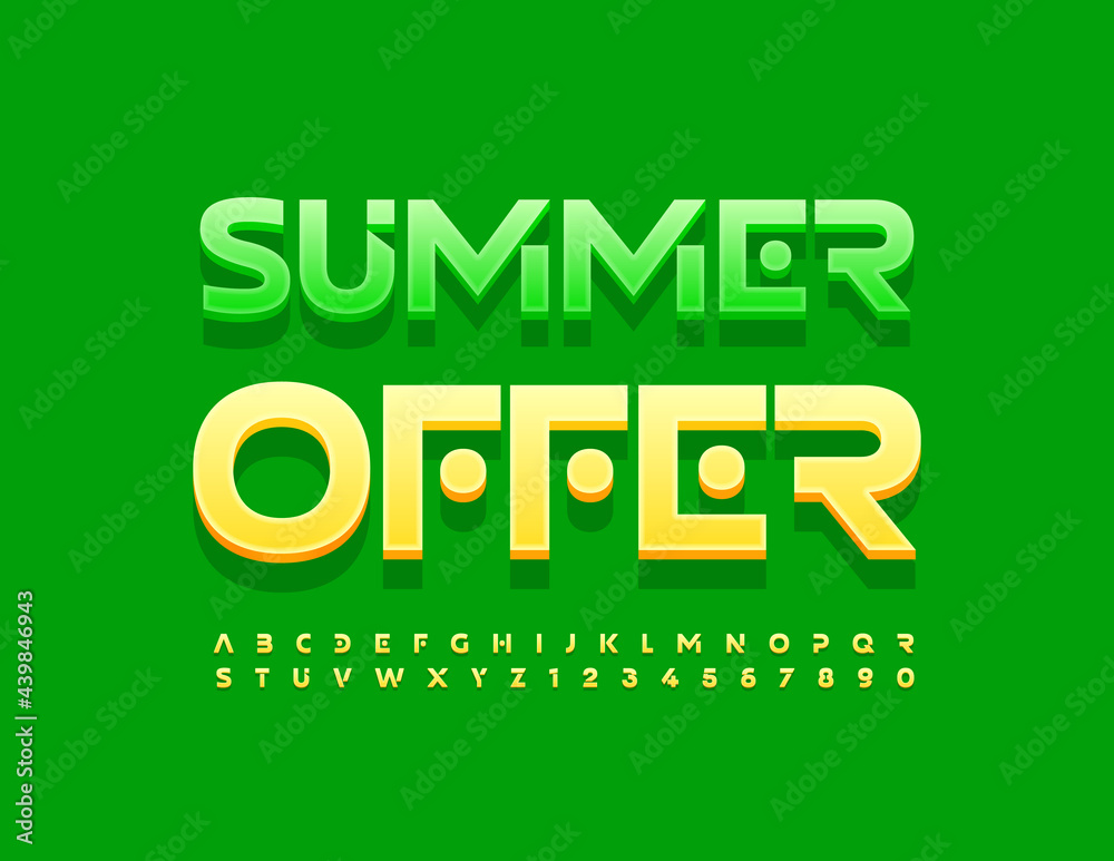 Vector promo flyer Summer Offer. Creative modern Font. Yellow Alphabet Letters and Numbers set Vector promo flyer Summer Offer. Creative modern Font. Yellow Alphabet Letters and Numbers set