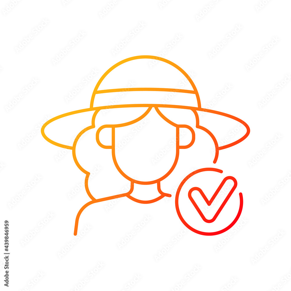 Wearing wide brimmed hat gradient linear vector icon. Woman in outfit for beach. Heatstroke prevention. Thin line color symbols. Modern style pictogram. Vector isolated outline drawing Wearing wide brimmed hat gradient linear vector icon. Woman in outfit for beach. Heatstroke prevention. Thin line color symbols. Modern style pictogram. Vector isolated outline drawing