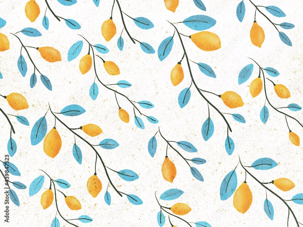 Sprigs with leaves and lemons, pattern. The illustration is drawn by hand, with curved lines. Ready design for fabric, clothing and other objects.