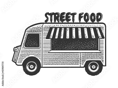 Street food truck line art sketch engraving vector illustration. T-shirt apparel print design. Scratch board imitation. Black and white hand drawn image.