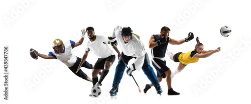 Sport collage. Hockey, soccer and american football, volleyball players isolated on white studio background.