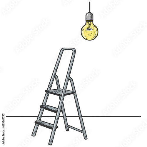 stepladder and light bulb color line art sketch engraving vector illustration. T-shirt apparel print design. Scratch board imitation. Black and white hand drawn image.