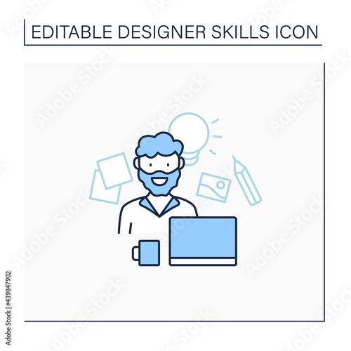 Designer line icon. Person creates tangible or intangible objects, products, processes,graphics and services. Career concept. Isolated vector illustration. Editable stroke