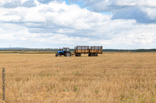 Blue tractor rides in the field