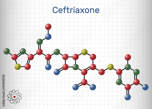 Ceftriaxone molecule. It is broad-spectrum third-generation cephalosporin antibiotic. Sheet of paper in a cage