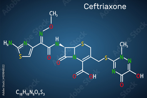 Ceftriaxone molecule. It is broad-spectrum third-generation cephalosporin antibiotic. Structural chemical formula on the dark blue background