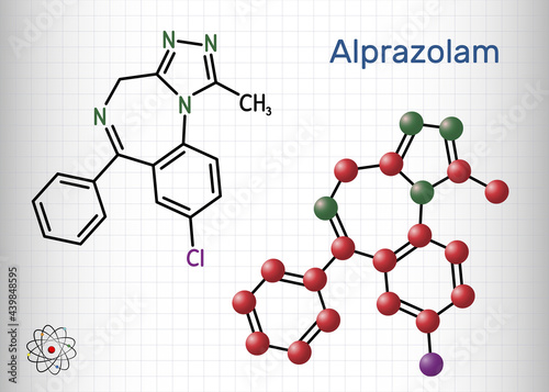 Alprazolam, molecule. It is benzodiazepine, short-acting tranquilizer with anxiolytic, sedative-hypnotic, anticonvulsant activities. Sheet of paper in a cage