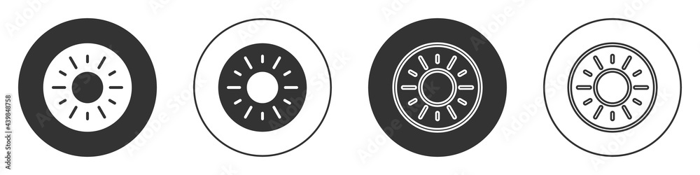 Black Sun icon isolated on white background. Circle button. Vector Black Sun icon isolated on white background. Circle button. Vector