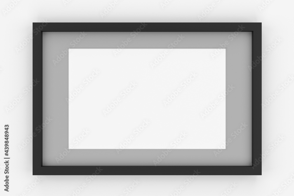 Black frame with grey passepartout on white background. 3D rendering. Black frame with grey passepartout on white background. 3D rendering.