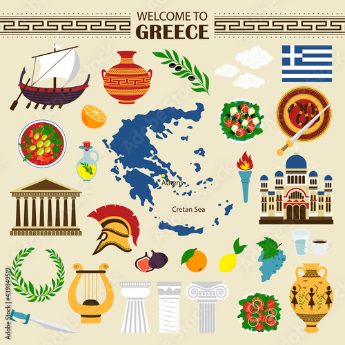 Greece Flat Icons. Welcome to greece travel collection. Greek themed objects isolated on white background.