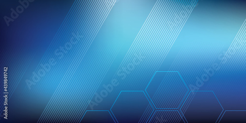 Blue vector background with hexagon shapes and parallel lines. Technology, science, communication and business background.
