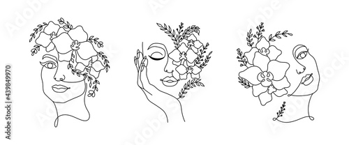 Line art women faces with flowers. Continuous line art in minimalistic style for prints, tattoos, posters, textile, cards etc.