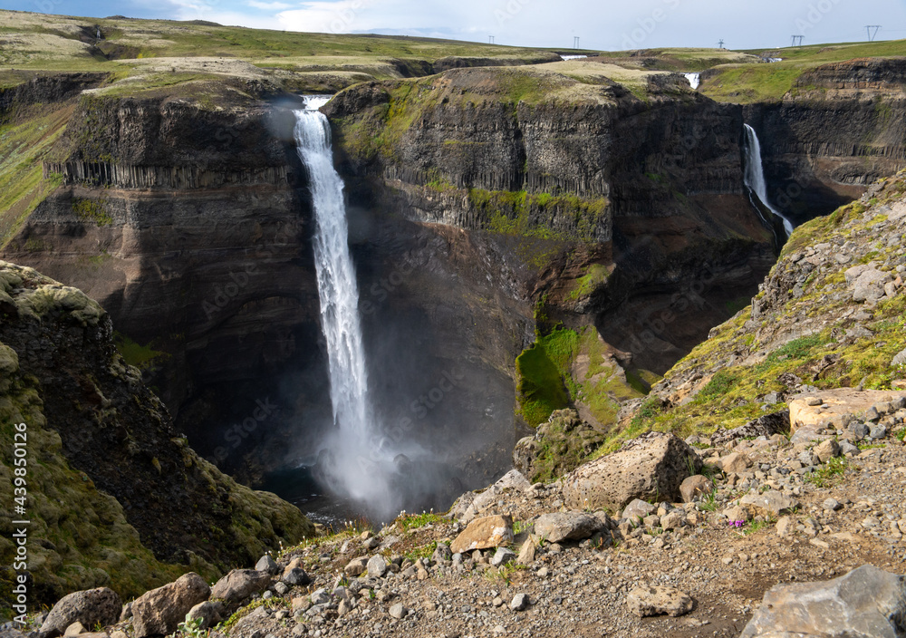 View of the landscape of the Haifoss waterfall in Iceland.