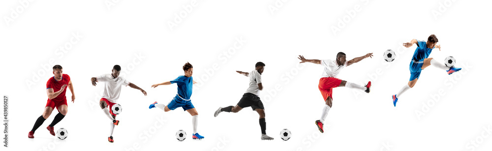 Professional football soccer players with ball isolated on white studio background. Collage with fit male models. Attack, fight.