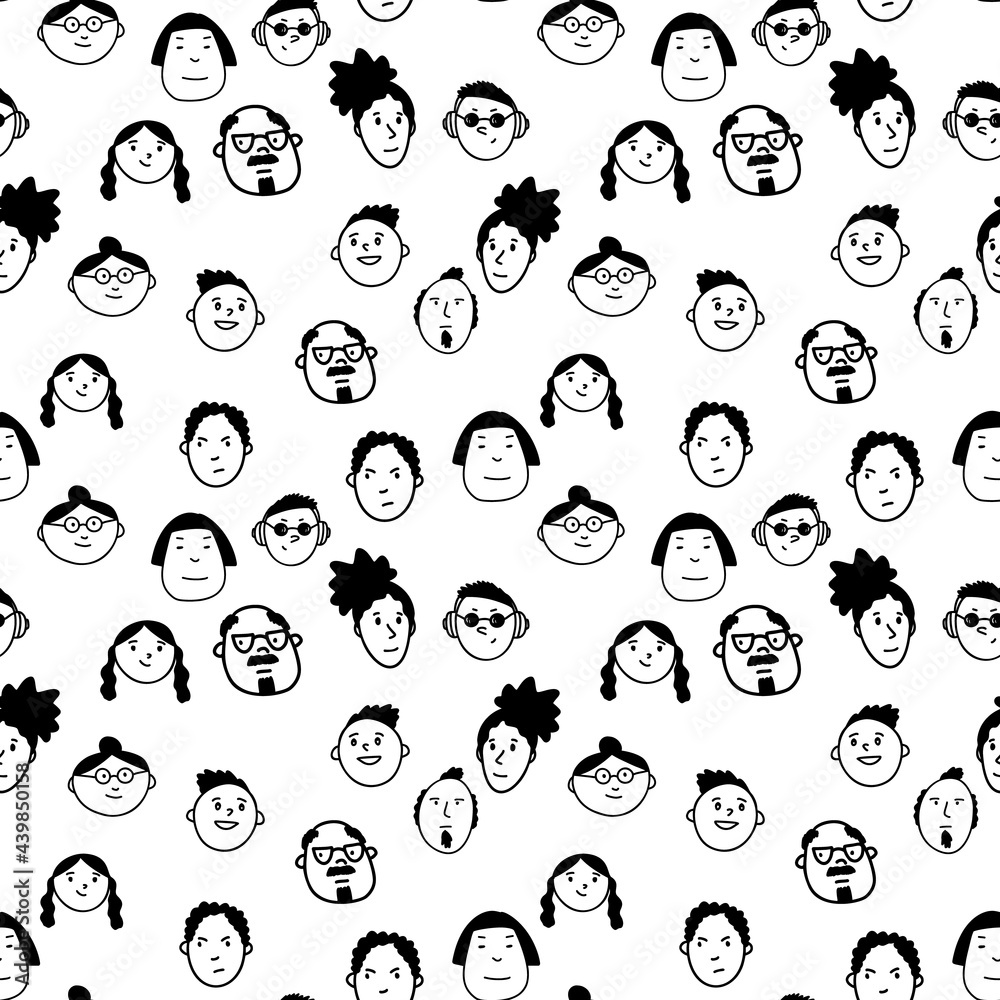 Hand drawn doodle vector diversity people faces. Black and white funny different emotions smiley faces. Hand drawn doodle vector diversity people faces. Black and white funny different emotions smiley faces.