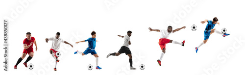 Professional football soccer players with ball isolated on white studio background. Collage with fit male models. Attack, fight.