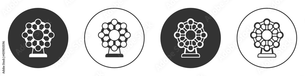Black Ferris wheel icon isolated on white background. Amusement park. Childrens entertainment playground, recreation park. Circle button. Vector Black Ferris wheel icon isolated on white background. Amusement park. Childrens entertainment playground, recreation park. Circle button. Vector