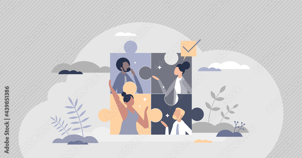 Team unity as puzzle pieces for common task collaboration tiny person concept. Colleagues work together and partnership cooperation as efficient and productive coworkers assistance vector illustration Team unity as puzzle pieces for common task collaboration tiny person concept. Colleagues work together and partnership cooperation as efficient and productive coworkers assistance vector illustration